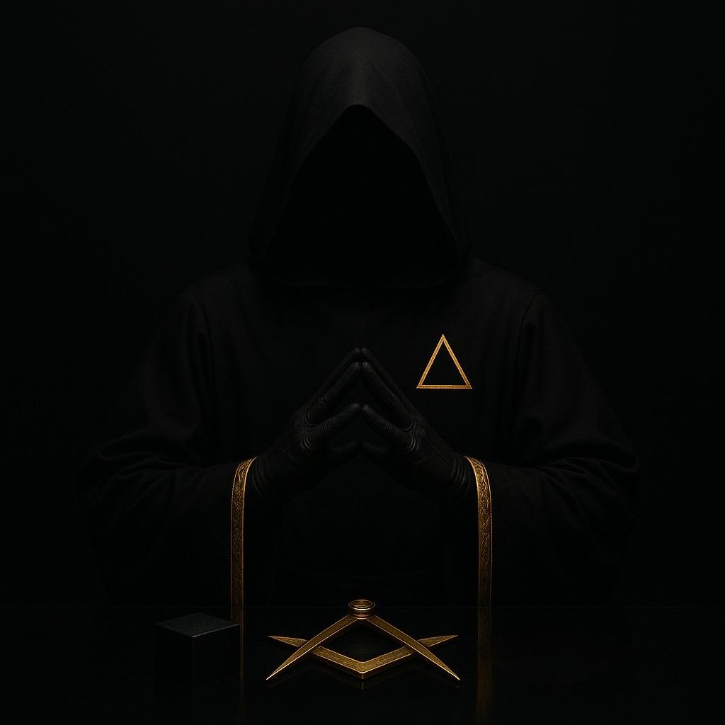 Black robes with golden accents, triangle hand gesture, on a black mirror table with the Builder symbols.